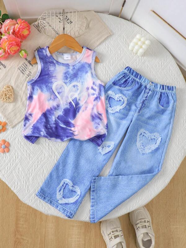 idolCat 2 Stücke/Set Kleine Mädchen Mode Herz Muster Ärmellos Top und Burnout Muster Hose, geeignet für Sommer Alltag, Urlaub, Outdoor, Party Kleine Mädchen Sommer Kleidung