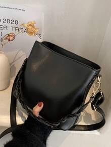 1 bolsa balde minimalista com zíper, estilo vintage, lisa, para ombro/transversal/portátil, adequada para uso diário - Preto - Ver 5