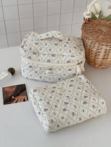 花卉兔子化妆包，布质软包，可爱甜美简约设计，大容量，拉链开合，适合化妆、洗漱用品、工作、日常通勤、居家、旅行，适合女性旅行必需品假期暑假返校学校用品包，适合学校旅行包，适合女性的化妆包，适合旅行用品 - 彩色 - 查看 3