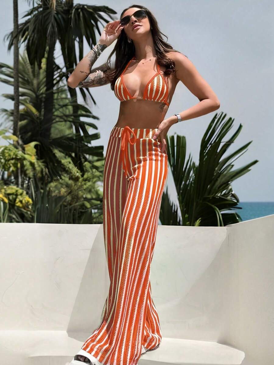 三件套女士钩针比基尼套装，含裤子和沙滩罩衫，欧式泳装，适合女士夏季度假、复活节、节日、郊游、约会之夜等场合，所有女士服装，秋季 - 橘色 - 查看 1