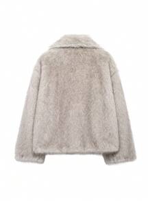 SHIBASHAN Winter Women Fashion Lapel Faux Fur Jackets With Pockets Elegant Long Sleeve Warm Fluffy Coat - Grey - View 6