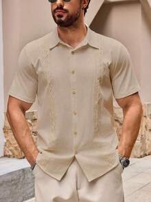 男士休闲纽扣短袖夏季沙滩衬衫 - 杏色 - 查看 3