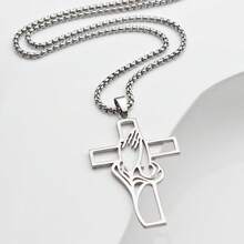 不锈钢基督教十字架吊坠项链，宗教祈祷珠宝，适合男士的礼物 - 銀色 - 查看 1