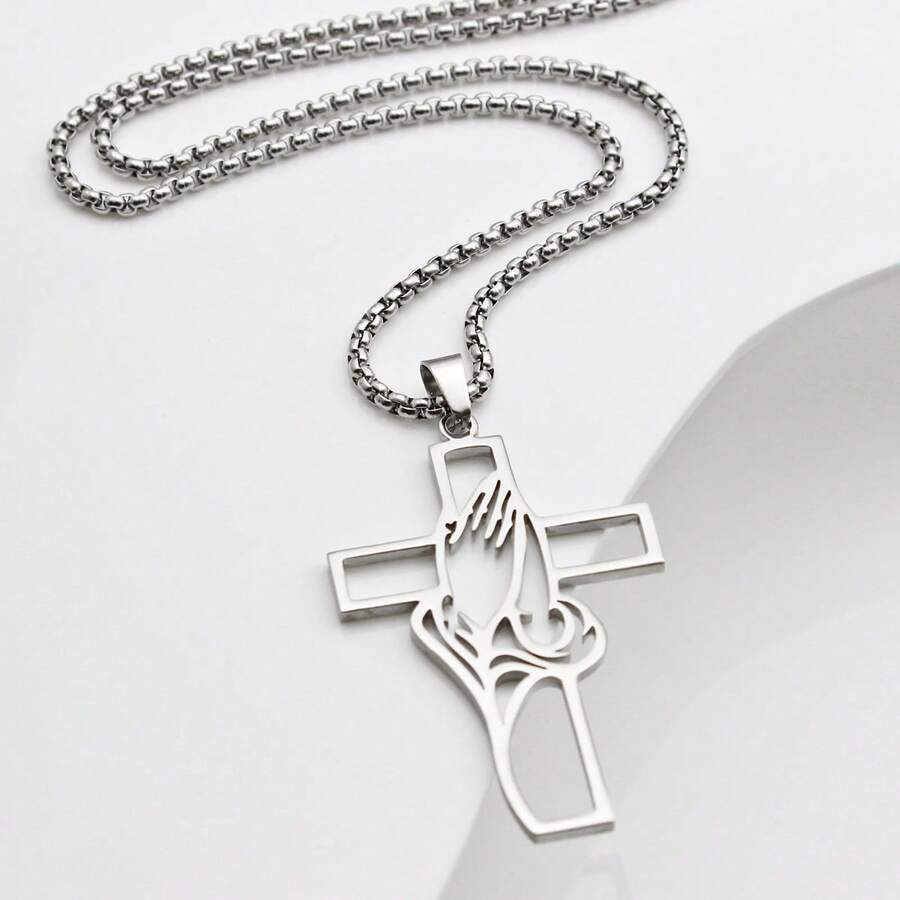 不锈钢基督教十字架吊坠项链，宗教祈祷珠宝，适合男士的礼物 - 銀色 - 查看 1