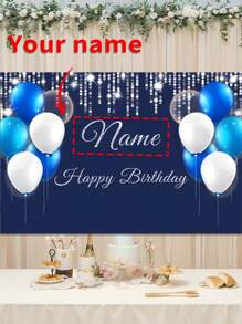 1 件蓝白元素生日派对背景 - 可定制您的名字，银色闪光“生日快乐”设计，6 种尺寸可选，无需电力，适用于室内/室外背景装饰、季节性装饰、派对背景装饰、生日派对氛围装饰