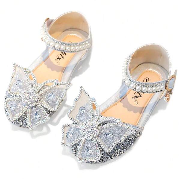1 Pair Fashion Princess Shoes For Little Girls, Soft Bottom Sandals With Rhinestone & Bow, Glitter Ballet Flats, Suitable For Toddler Girls