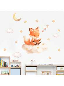 可爱狐狸儿童阅读墙贴 - 卡通书迷动物墙贴，适用于幼儿园、书房装饰、可移除教育教室装饰儿童房 - 彩色 - 查看 5