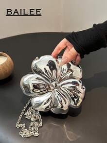 BAILEE 金属花形晚宴包舞会婚纱手提包口红零钱化妆包配饰包带金属链可斜跨前卫女士礼物 - 銀色 - 查看 3