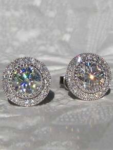 Cubic Zirconia Decor Stud Earrings - Silver - View 2