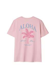 女士春夏新款棕榈树标语印花休闲圆领短袖T恤，时尚度假风，日常必备单品。女士度假图案T恤 - 粉色 - 查看 5