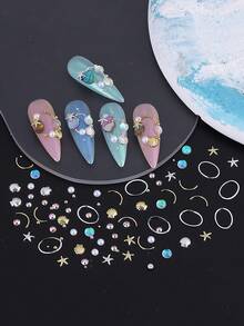 12格混色金銀海洋主題美甲裝飾套組，合金海星、貝殼、金屬片、美人魚、白色平底珍珠、迷你鋼珠、AB水鑽、美甲寶石，沙龍DIY美甲用品美甲飾品 - 彩色 - 查看 9