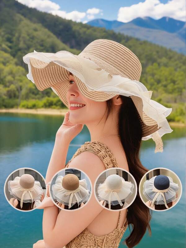 Damen Sommer Strandhut: Eleganter Boho Stil, Strohmaterial, Doppelte Spitzen- & Schleifen-Details, leicht faltbar, 1 Stück (Beige/Khaki/Rosa/Blau) für Strand & Outdoor