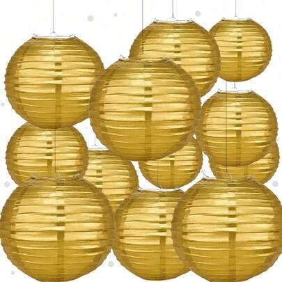 5pcs Gold Paper Lantern Set, Easy To Hang, 6", 8", 10" Round Chinese Paper Lanterns, Suitable For Bridal Shower, Anniversary, And Various Celebration Events, Indoor/Outdoor Decor