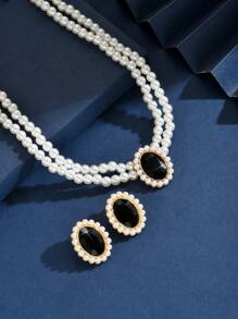 3pcs/Set Oval Geometric Faux Pearl Necklace & Earrings Set, Elegant Faux Pearl Jewelry For Women