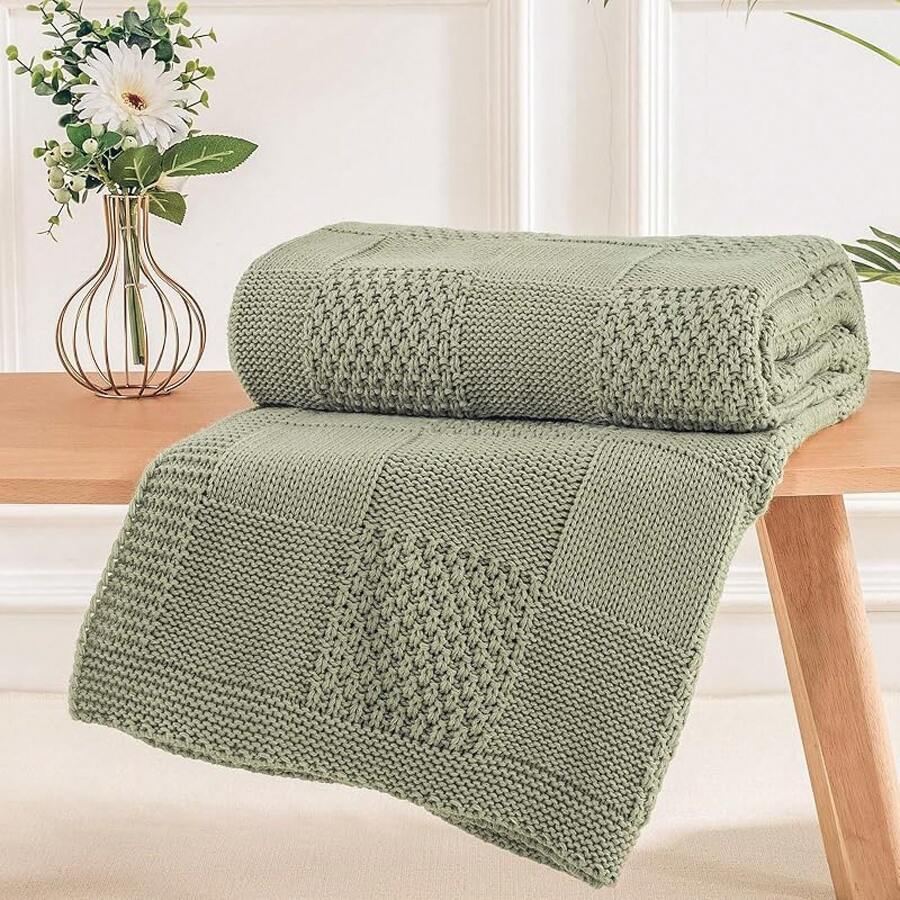Knit Throw Blanket,Classical Checkered Blanket For Couch,Cozy Warm Knitted Throw Blanket For Bed Sofa Living Room, Decorative Stretched Throw, Lightweigh,50"X 60"Oatmeal - 鼠尾草綠 - 查看 1