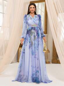 Đầm maxi nữ cổ chữ V tay phồng in hoa ngẫu nhiên, thanh lịch cho kỳ nghỉ xuân. - Màu xanh lam - Xem 3