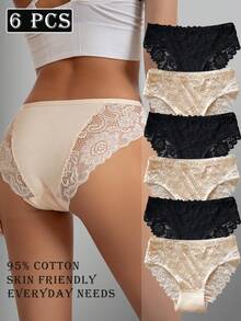 Juego de 6 bragas elegantes de unicolor con ribete de encaje, para mujeres - Multicolor - View 4