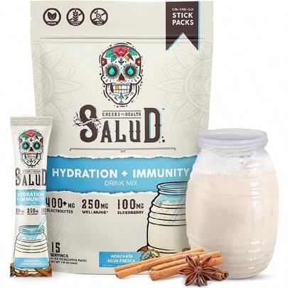 Salud 2-In-1 Hydration Packets + Immunity Electrolytes Powder, Horchata - Jamaica Agua Fresca Drink Mix, Elderberry, Dairy & Soy Free, Non-GMO, Gluten Free, Vegan, Low Calorie, 1g Sugar (15 Servings)