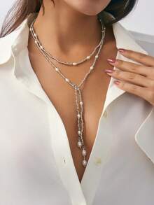 1 件简约 CCB 人造珍珠串珠长流苏项链，奢华，适合度假派对、情侣、日常休闲百搭佩戴 - 長項鍊 - 查看 5