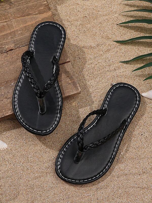 1 Paar Kleinkind Schwarze Gewebte Flache Sandalen, Weiches PU-Material, Einfaches Design, Rutschfeste TPR-Außensohle, Rundspitze, Slip-On, Geeignet für Baby Mädchen/Jungen, Täglicher Lässig-Stil, Strand, Urlaub, Zusammenkünfte, Neuankömmlinge 2025