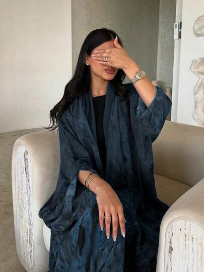 1pc Elegant Casual Chiffon Printed Open Front Long Robe Abaya, Premium Quality Sophisticated Texture, Fashionable & Graceful