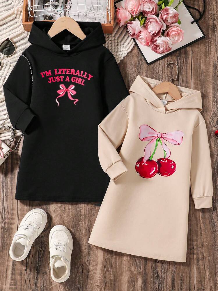 2pcs Girls' Cherry Blossom Digital Print + Bow Letter Print Hooded Long Sleeve Sweatshirts, Comfortable And Soft Casual Outfits For Girls, Suitable For Spring And Autumn - Multicolor - View 1