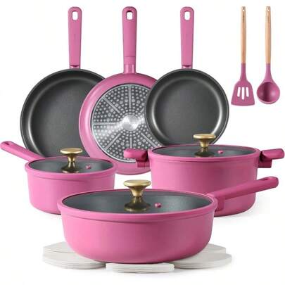 Non Stick Pots And Pans Set Cookware Sets Nonstick Kitchen Cooking Set With StayCool Handles With Silicone Tools And Pot Protectors 16 Piece