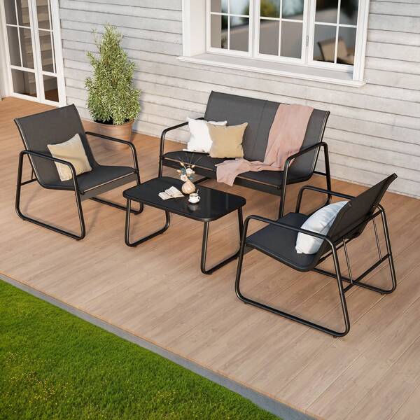 High-Quality 4-Piece Outdoor Patio Furniture Set With Glass Table, Bistro Table And Chairs Set For Poolside, Porch, Lawn, Black