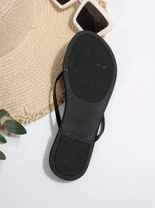 Women's Fashion Round Toe Flip Flops, Solid PU Leather Material, Summer New Arrival Versatile Flat Sandals Suitable For Outing, Dating, Holiday, Home, Casual, Commuting, Party - Black - View 9