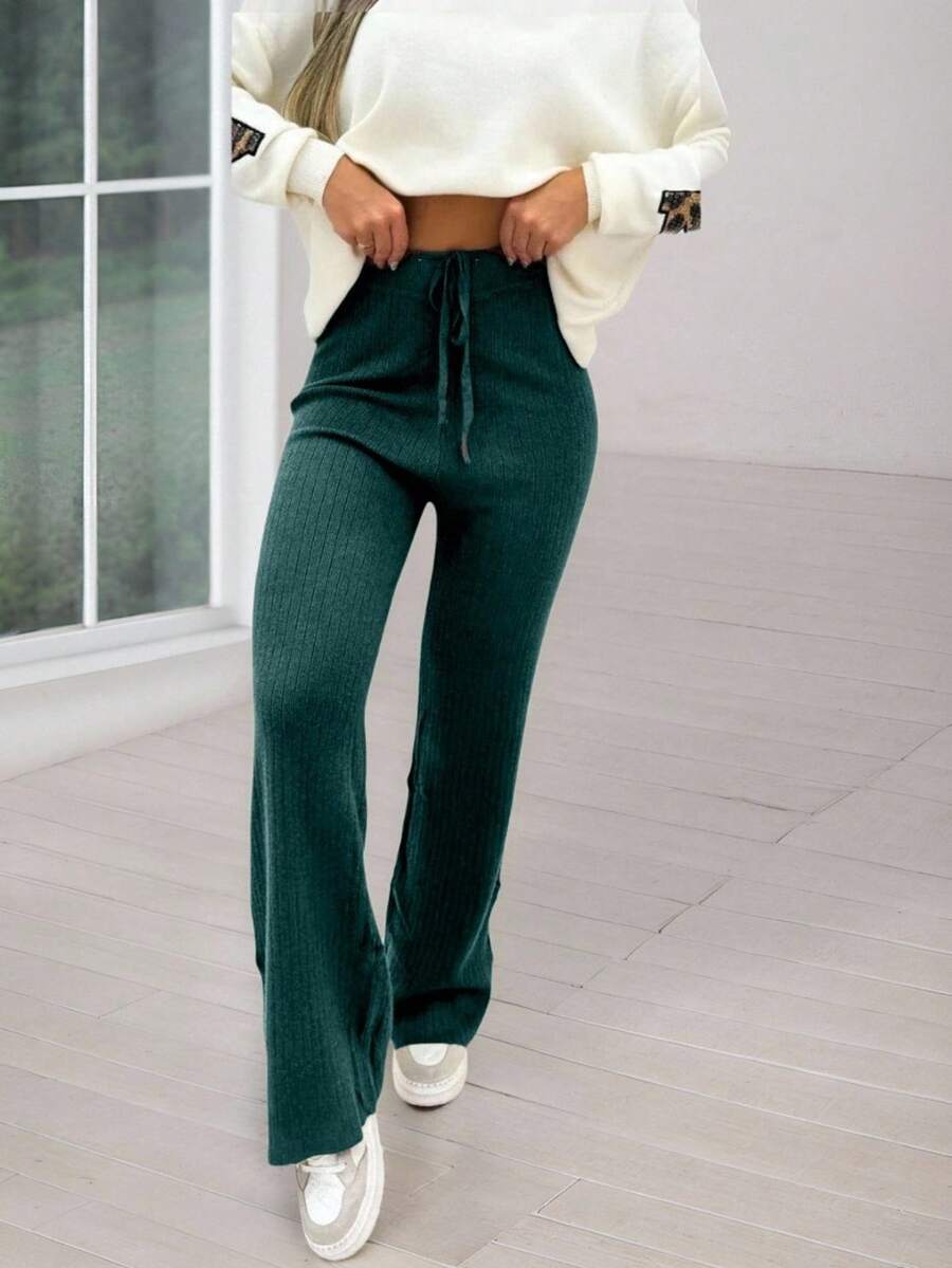 Women's Straight Cut Knitted Modal Pantaloon Trousers - Dark Green - View 1