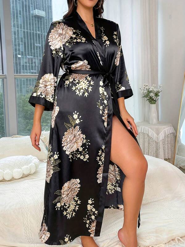 1 Stück Damen Große Größen Floral Muster eleganter locker sitzender gegürteter Morgenmantel, angenehmer Stoff Nachtwäsche geeignet für übergewichtige/füllige Gruppe, geeignet für Frühling, Sommer, Herbst, Winter Zuhause/Schlaf Verwendung, Urlaub