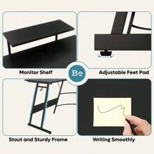 51" Gaming Desk L-Shaped Computer Desk With Monitor Shelf Corner PC Home Office Gaming Table, Carbon Fiber Black