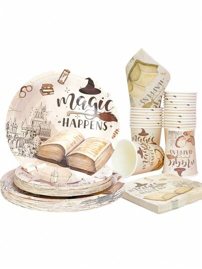10pcs/20pcs Magical Wizard Cartoon Birthday Party Supplies Vintage Castle Paper Plates Cups Napkins Magical Disposable Tableware Set Magical Party Supplies For Boys Girls Birthday Decor