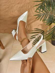 2025 New Girl's Thick Heeled Pointed Toe Faux Crocodile Skin Classic Comfortable Shoes - White - View 1