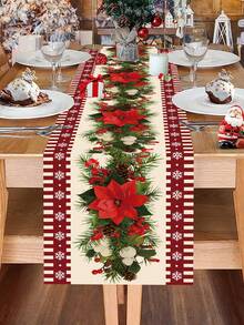 1pc Merry Christmas Table Runner, 180*35cm Polyester Tablecloth With Red Flower Pattern, Christmas Decoration, Home Christmas Decor, Christmas Ornament, Kitchen Decor, Dining Table Decor, Desktop Decor - Multicolor - View 4