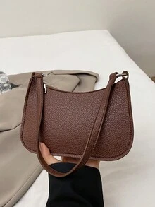 新款女式时尚简约单肩包休闲通勤腋下手提包小巧小众托特包纯色荔枝纹咖啡色