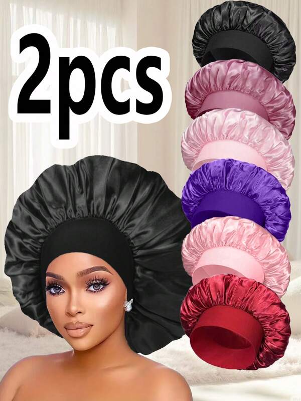 2 piezas Bonete de mujer de unicolor con ala ancha y elástico, bonete de satén, útil para la protección del cabello, diseñado especialmente para cabello rizado. Bonete para cabello rizado.