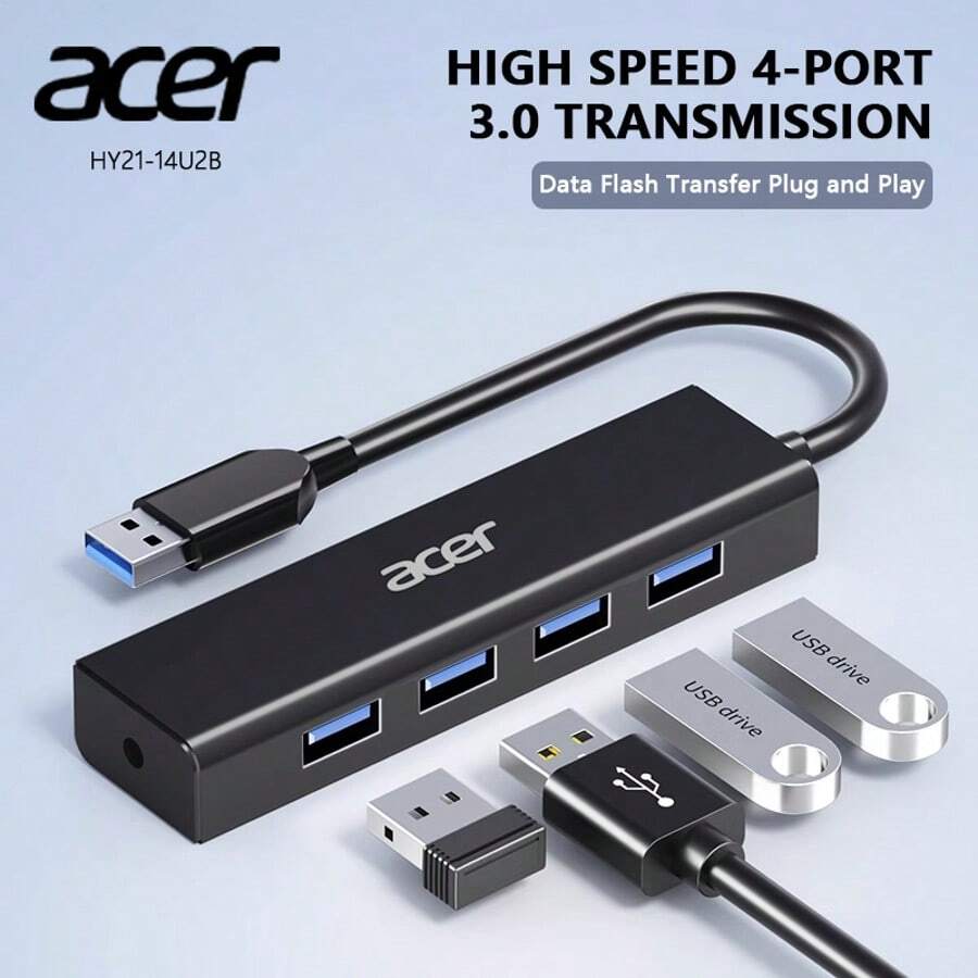 Acer 4-In-1 USB 3.0 Hub, 4 USB Data Ports, 100W PD Charging, 10Gb/S, Cable Length 15cm/100cm, Suitable For Laptops, PCs, Tablets, Phones And Other Devices, Docking Station HY21-14U2B
