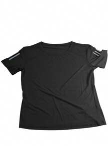 Summer Workout Women's Reflective Stripe Embossed Ice Silk T-Shirt, Quick Dry, Loose Casual Sports Short Sleeve Tee - Black - View 2
