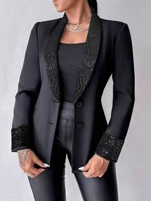 Women's Elegant Sequin Lapel Blazer Jacket, Solid Polyester Long Sleeve Regular Fit, All Season Woven Jacket With Contrast Details - màu đen - Xem 5