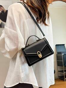 Arrow Design 时尚 PU 皮革手提包，2025 新款韩版托特包，纯色斜挎单肩包，小方包 - 黑色 - 查看 5