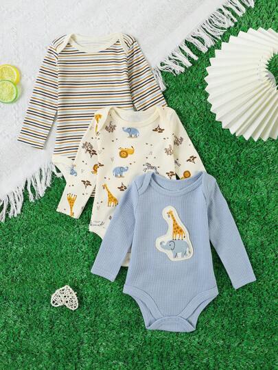 3 Stück Baumwolle Giraffe Elefant Patch Stickerei Muster Rundhals Langarm gestreift Allover Muster Waffel Material Jumpsuit für Jungen, Mädchen, Babys, Dreieck Hut Kleidung, Frühling, Sommer, Herbst Outdoor Mode Outfit