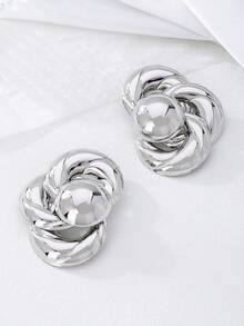 1 对夸张高端金属质感大表面金色几何图案吊坠耳环，适合女性日常佩戴 - 銀色 - 查看 6