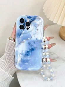 奶油色波浪边亮面蓝色大理石纹彩绘防摔手机壳，配手工串珠手链配件 - 彩色 - 查看 6