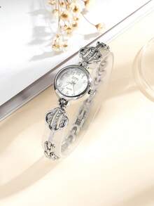 Women's Fashion Minimalist Round Heart Pattern Mixed Scale Diamond-Set Heart Quartz Watch 1pc/Set - Rose Gold - View 8