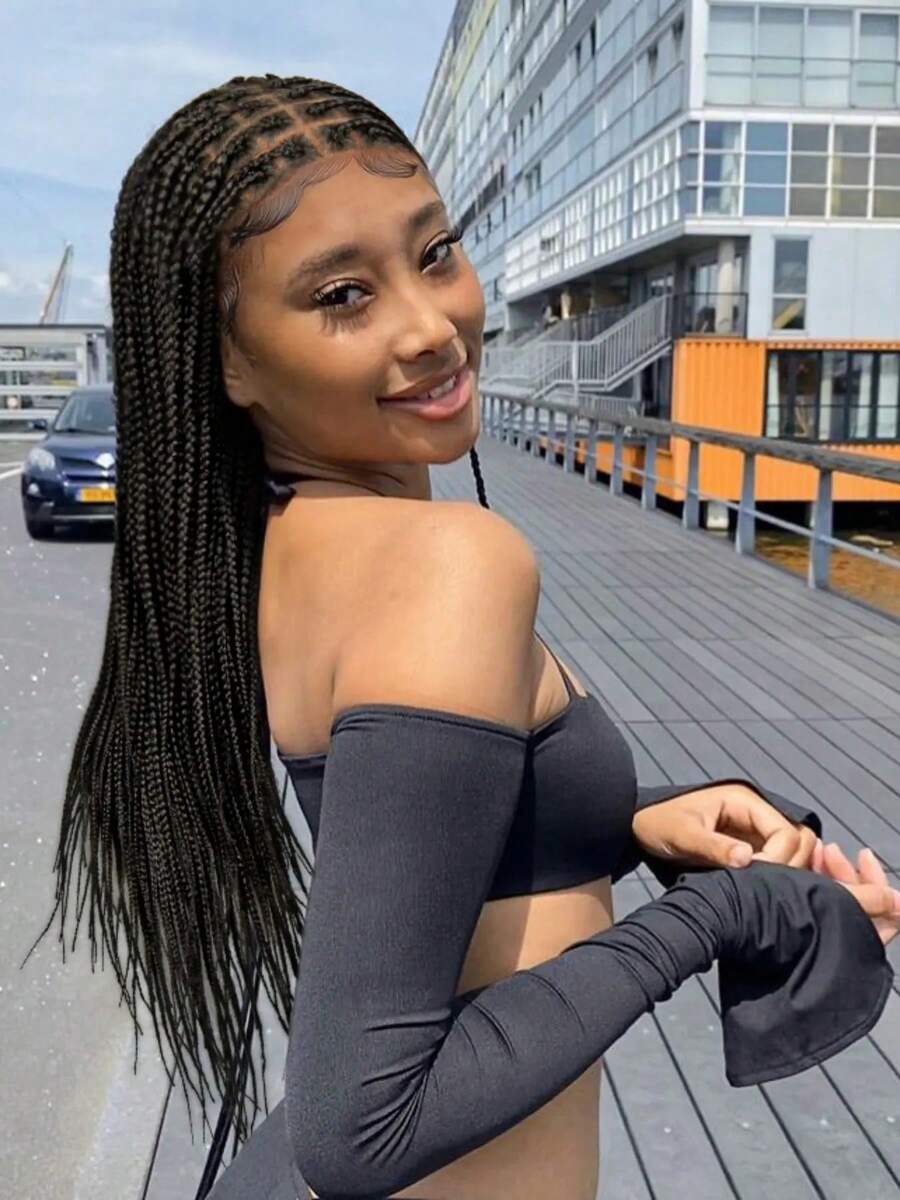 Full Lace Black Braided Wig Afro Women Cornrow Braid Wig Women Lace Frontal Braid Wig Synthetic Square Weave Braids - 黑色 - 查看 1