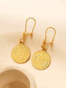 1pair Reconstructed Human Head Coin Earrings Golden Round-Shaped Earrings Suitable For Ladies' Daily Wear - Yellow Gold - View 1