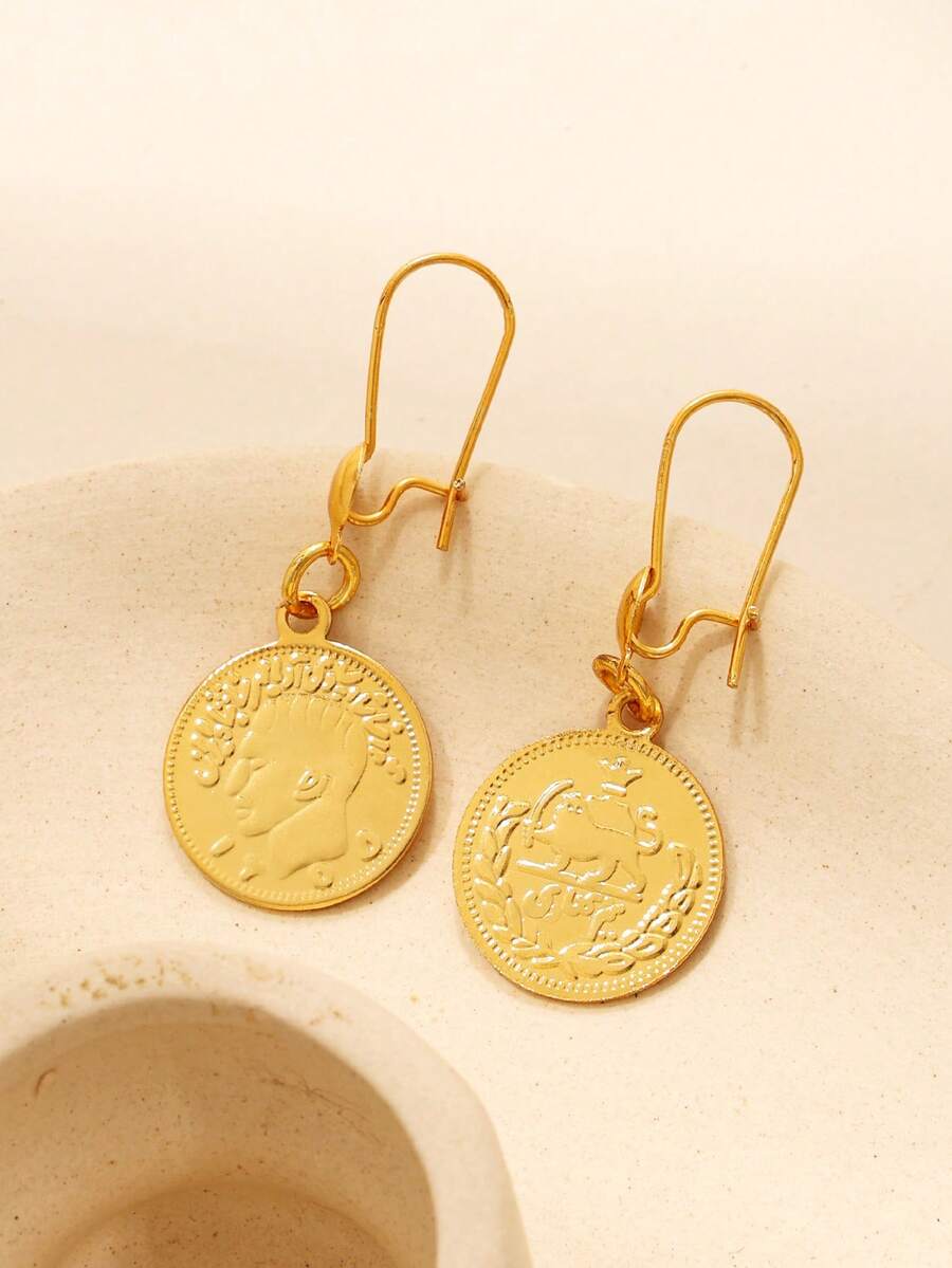1pair Reconstructed Human Head Coin Earrings Golden Round-Shaped Earrings Suitable For Ladies' Daily Wear - Yellow Gold - View 1