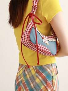 Rot karierte Handtasche für den Arbeitsweg, Einkaufen, täglichen Gebrauch, koreanischer Stil Schulterbeutel, vintagemäßige Baguette-förmige karierte Tasche für Frauen