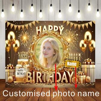 1 st anpassningsbar fotonamn guld bakgrund grattis på födelsedagen bakgrund guld ballong tårta banderoll glitter presentask blommönster mönster för födelsedag brudtärna fest present dusch fest bakgrund dekoration fotografi banderoll vinyl